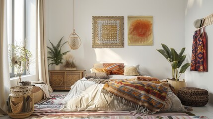 Eclectic Bohemian bedroom with a focus on detailed gold accents paired with vividly patterned textiles on a white canvas, capturing a bold and artistic decorative style