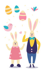 Happy Easter greeting card with rabbits and eggs spring holiday celebration card vertical