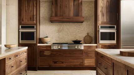High-res image of a stylish kitchen boasting rich walnut cabinets and contrasting light sand walls, focusing on the elegant material palette and design aesthetics