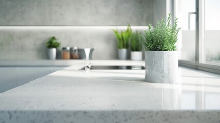 High-resolution close-up of a minimalist kitchen highlighting stark white countertops and soft grey walls, showcasing the simplicity and elegance of modern design - obrazy, fototapety, plakaty
