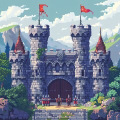 A historic pixel art castle with guards and a drawbridge. - obrazy, fototapety, plakaty