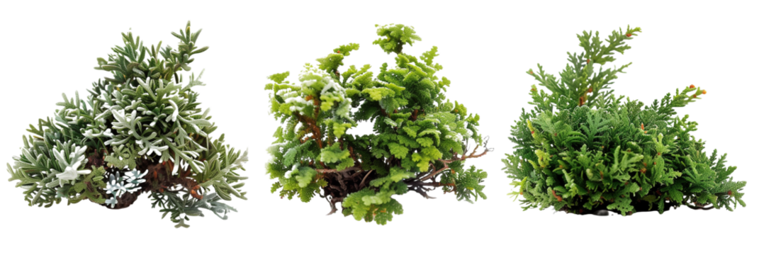 set of creeping juniper, low-growing and hardy, isolated on transparent background