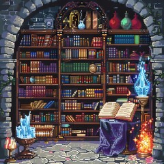 A mystical pixel art wizard's library with enchanted books and artifacts.