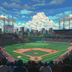 A pixel art baseball game with a full stadium of fans.