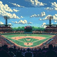 A pixel art baseball game with a full stadium of fans.