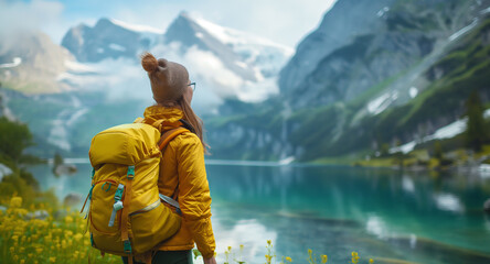 Female tourists admire the morning view from the shore. Looking at the mountains and lake Travel alone, admire the beauty, carry a large backpack. The concept of people and nature