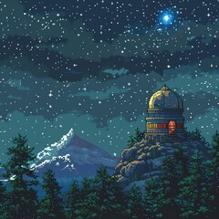 A pixel art mountaintop observatory under a starry sky. - obrazy, fototapety, plakaty