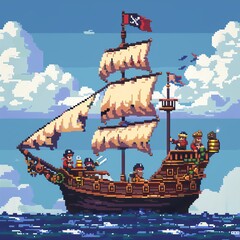 A pixel art pirate ship with sailors and treasure chests.