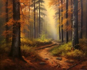 Autumn forest in the morning mist. Panoramic image.