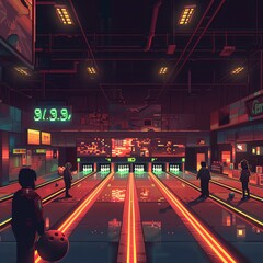 A retro pixel art bowling alley with players and glowing lanes.