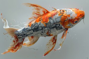 Design a neotraditional tattoo featuring a mecha koi fish, where the koi is reimagined with mechanical,