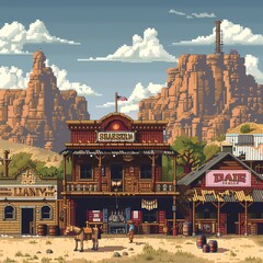 A rustic pixel art western town with cowboys and saloons.