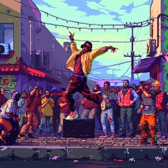 A vibrant pixel art street dance battle with onlookers and music.
