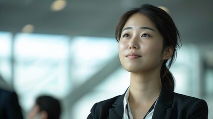 A woman in a business suit is looking up at the camera with a smile on her face