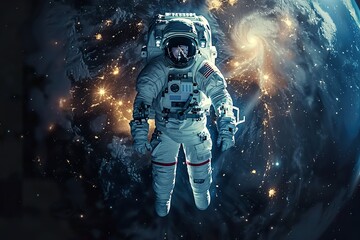 floating astronaut in space. Earth in background. Minimalistic photograph - Powered by Adobe