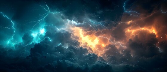 Thunderous Serenity: A Symphony of Lightning. Concept Lightning Photography, Storm Chasing, Nature's Power, Dramatic Landscapes, Weather Photography - obrazy, fototapety, plakaty