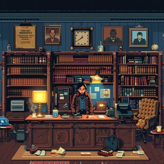 An 8-bit style detective office with clues and a mysterious figure. - obrazy, fototapety, plakaty