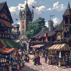 An 8-bit style medieval fair with jesters, knights, and artisans. - obrazy, fototapety, plakaty