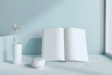 A4 A5 Magazine Brochure 3D Rendering White Blank Mockup, on white table, light blue wall