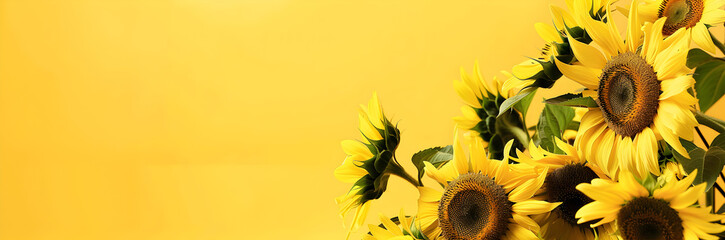 Sunflower field web banner. Field of blooming sunflowers on yellow background with space for text.