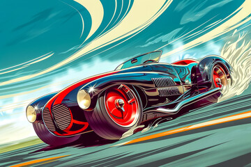 Cartoon Race Car.  Generated Image.  A digital illustration of a race car travelling at high speed with a vector art style.