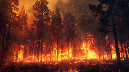 A wildfire raging across a forest, fueled by drought and rising temperatures brought on by climate change.