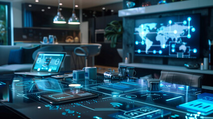 A network of interconnected digital devices and smart gadgets in a futuristic home setting