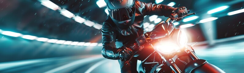 Motorcycle rider riding through a tunnel at night with headlights on. Banner