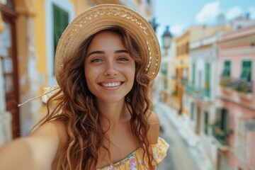 Joyful female tourist wearing straw hat taking selfie with historical European buildings in the background