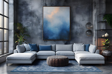 Spacious Modern Living Room with Grey Color Scheme and Empty Art Canvas