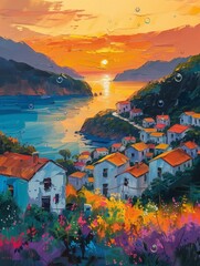 Abstract painting of mountain sunset, small village buildings, peaks of different colors, beautiful scenery