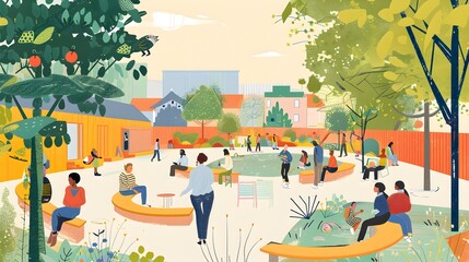 Community Meeting in Vibrant Urban Park with Engaged Stakeholders Discussing Local Planning