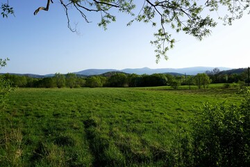 Panorama mit hohen Bergen und schönen grünen Wiesen unter strahlenden blauen Himmel in den...
