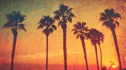 Cinematic Tropical Sunset with Silhouetted Palm Trees and Vintage Film Texture