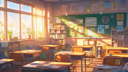 classroom with sunlight, Japanese animation feel - obrazy, fototapety, plakaty