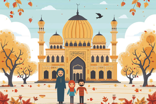 Muslim family near the mosque. Religion and culture. Flat drawing