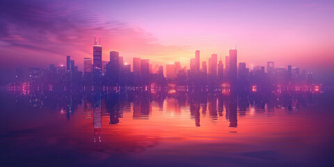 Fototapeta na wymiar Urban Reflections Cityscape at Sunset with Purple Sky Reflected in Water at Dusk