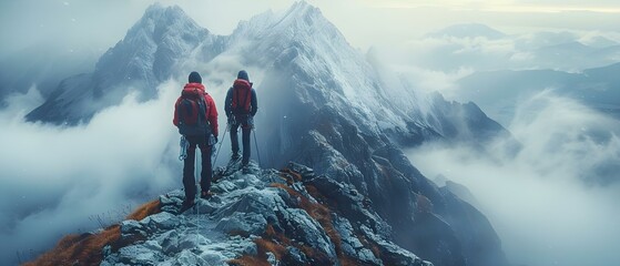 Braving the Storm: A Duo's Mountain Challenge. Concept Adventure Photography, Mountain Climbing, Extreme Weather, Overcoming Challenges, Teamwork - obrazy, fototapety, plakaty