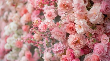 A sumptuous display of varying shades of pink roses and delicate blossoms, artfully arranged to create a luxurious and dense floral tapestry.