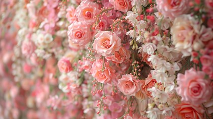 A delicate arrangement of pink roses and flowers in full bloom, presenting a romantic and soft floral background.