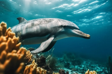 Fototapeta premium A dolphin is swimming in the ocean next to some coral. The dolphin is smiling and he is enjoying its time in the water