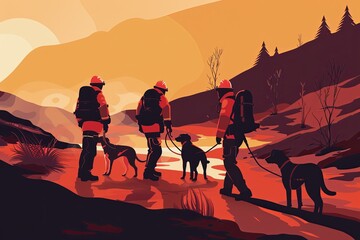 This illustration captures the critical moments of a search and rescue team with their loyal canine companions, diligently scanning a rugged landscape at dusk.