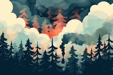 This illustration depicts a serene forest scene disrupted by the distant orange glow of a spreading fire, conveying the encroaching danger of wildfires—suitable for environmental campaigns and fire sa - obrazy, fototapety, plakaty