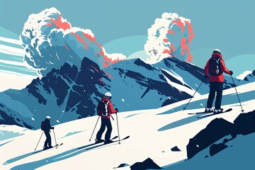 In this striking illustration, skiers hastily descend a snow-covered mountain as a volcanic eruption unfurls behind them, perfect for showcasing the unexpected dangers in nature - obrazy, fototapety, plakaty