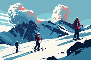 Fotobehang In this striking illustration, skiers hastily descend a snow-covered mountain as a volcanic eruption unfurls behind them, perfect for showcasing the unexpected dangers in nature © Jaemie