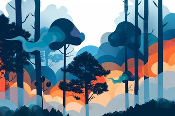 This illustration depicts a serene forest scene disrupted by the distant orange glow of a spreading fire, conveying the encroaching danger of wildfires—suitable for environmental campaigns and fire sa - obrazy, fototapety, plakaty