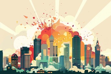This vibrant illustration captures a dramatic explosion within a bustling metropolis, depicting chaos amidst the city skyline, perfect for themes on urban safety and emergency response.
