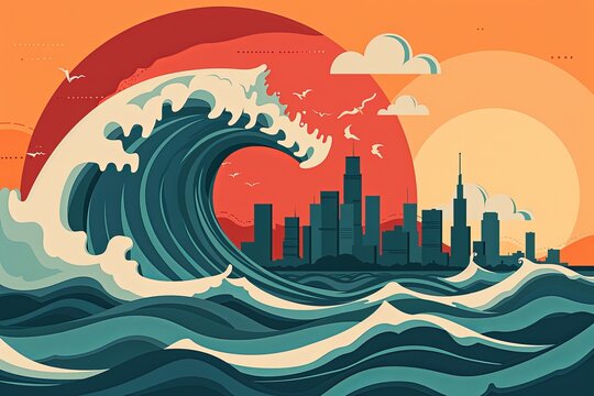 A mammoth wave looms over a cityscape at sunset, depicted in this striking illustration, symbolizing the threat of natural disasters like tsunamis against urban settings.