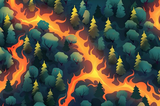 A powerful illustration depicts a forest caught in the unyielding grip of a wildfire, with flames weaving through the trees, illustrating the ferocity of forest fires and the importance of fire manage
