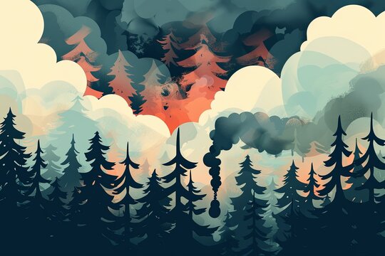 This illustration depicts a serene forest scene disrupted by the distant orange glow of a spreading fire, conveying the encroaching danger of wildfires—suitable for environmental campaigns and fire sa